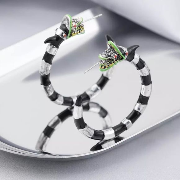 ONE PAIR LEFT! BEETLE JUICE HOOP LOOP FETISH BLACK & WHITE STRIPE SAND WORM 🪱 - Picture 3 of 16